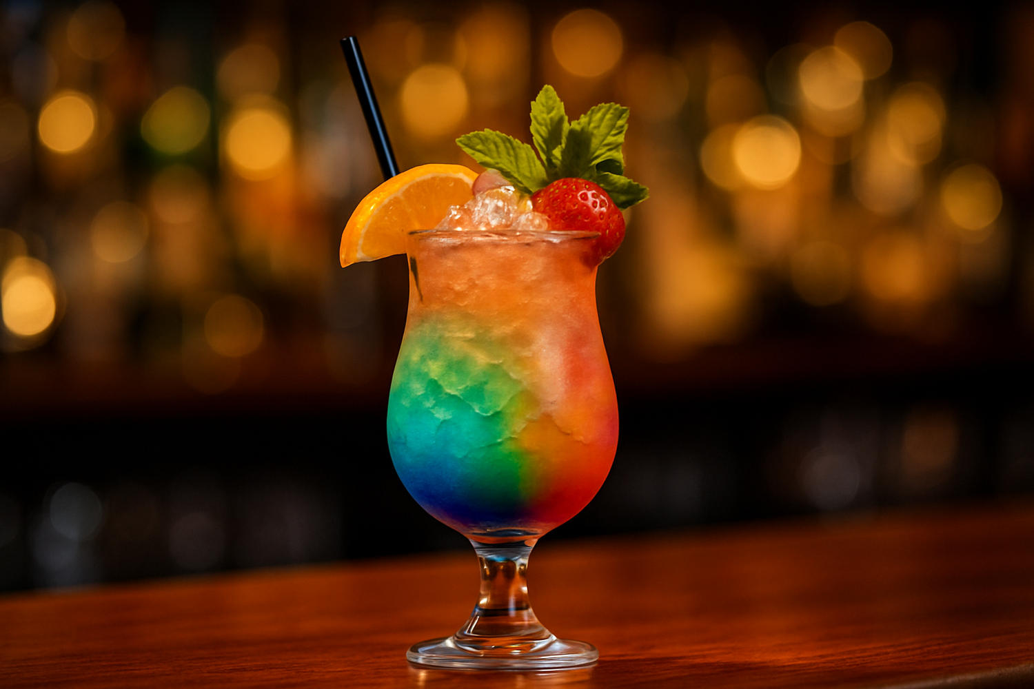 Cocktail coloré sur un bar flouté