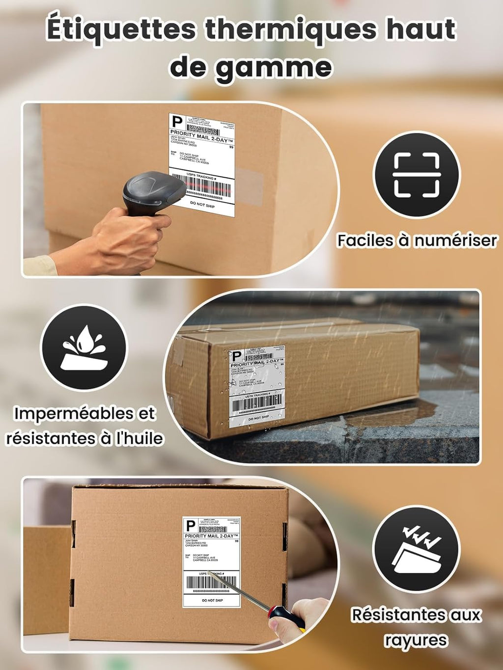 Rouleaux d’étiquettes thermiques – Compatible toutes imprimantes – Lot de 100 / 200 / 500