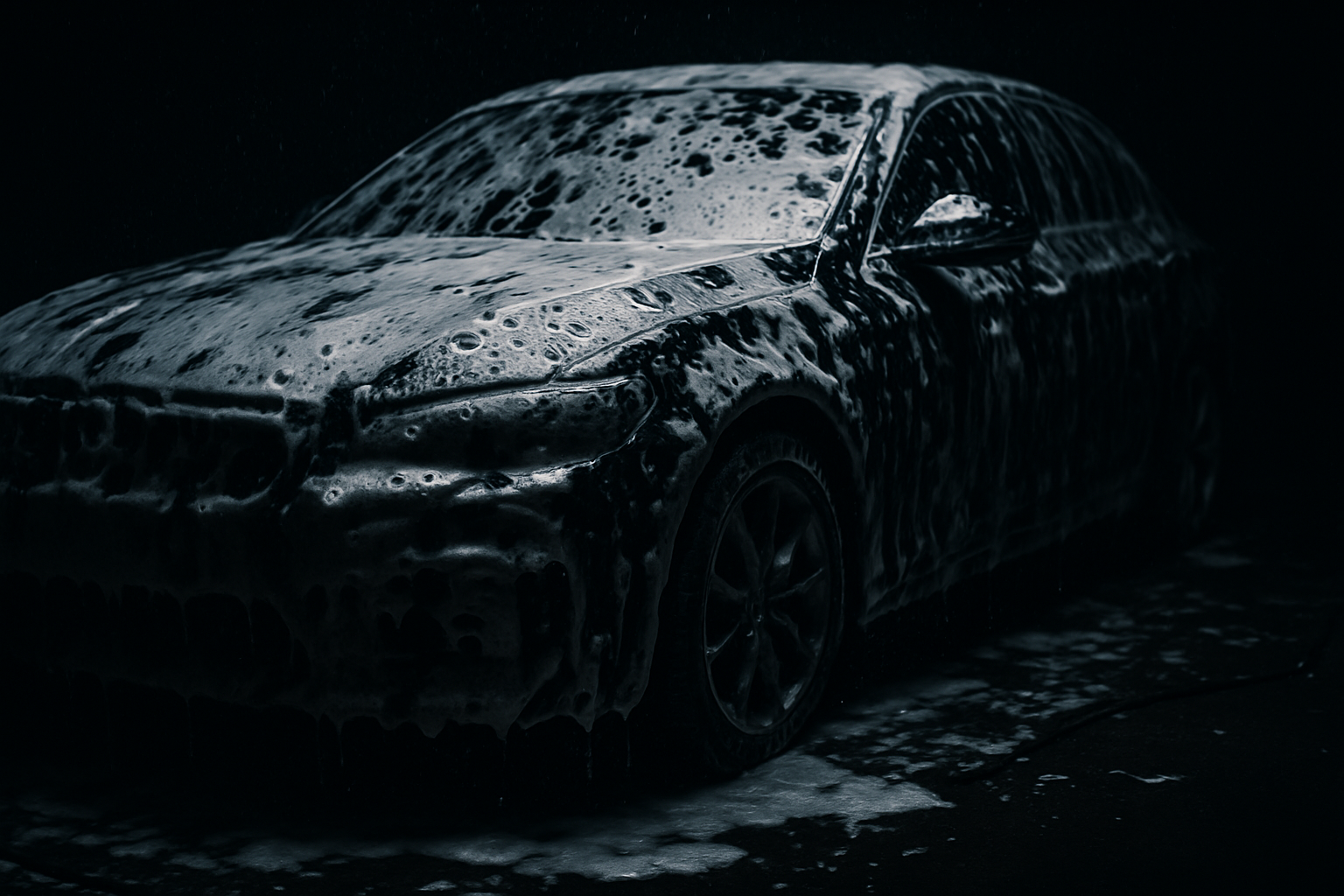 nettoyage voiture plein de mousses ambiance sombre